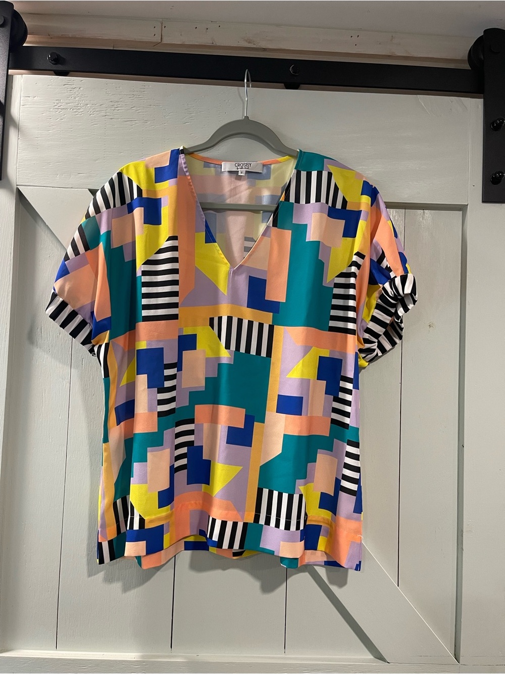 CROSBY by Mollie Burch Geometric V-Neck Top in Teal, Coral, Yellow & Black-White